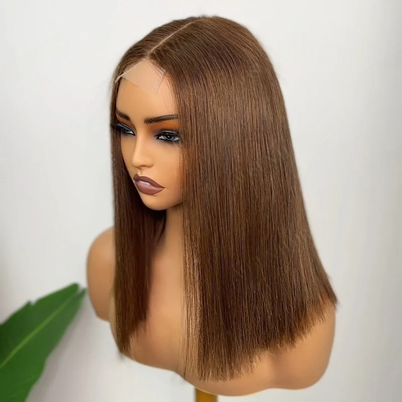 Długość do ramion syntetyczna koronka przodu peruka brązowa wstępnie oskubana peruka bezklejowa dla kobiet peruka do cosplay krótka peruka z prostymi włosami