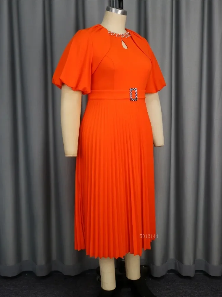 

Elegant Pleated Midi Dress with Cape Sleeves And Diamond Belt Detail for Women Church Events Weddings Daytime Occasions