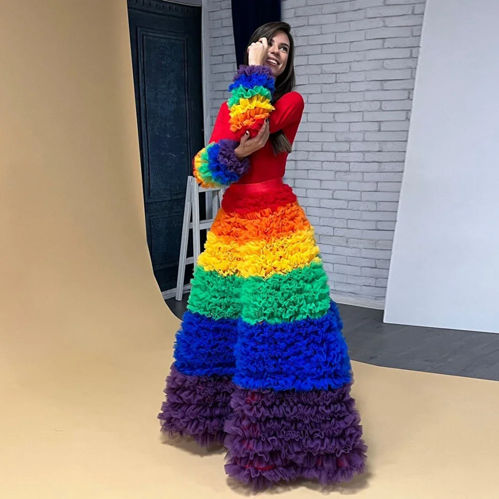 

Pretty Rainbow Skirt Customized High Waist Tiered Colorful Tulle Wedding Bridal Skirt A Line Multi-colors Women Tutu Dance Skirt