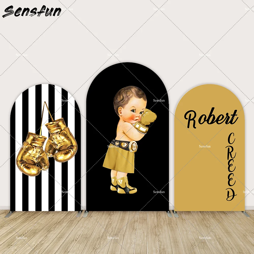 Boxing Themed Happy Birthday Arch Backdrop for Boys Black and Gold Fight Sports Competition Boxing Baby Photo Background