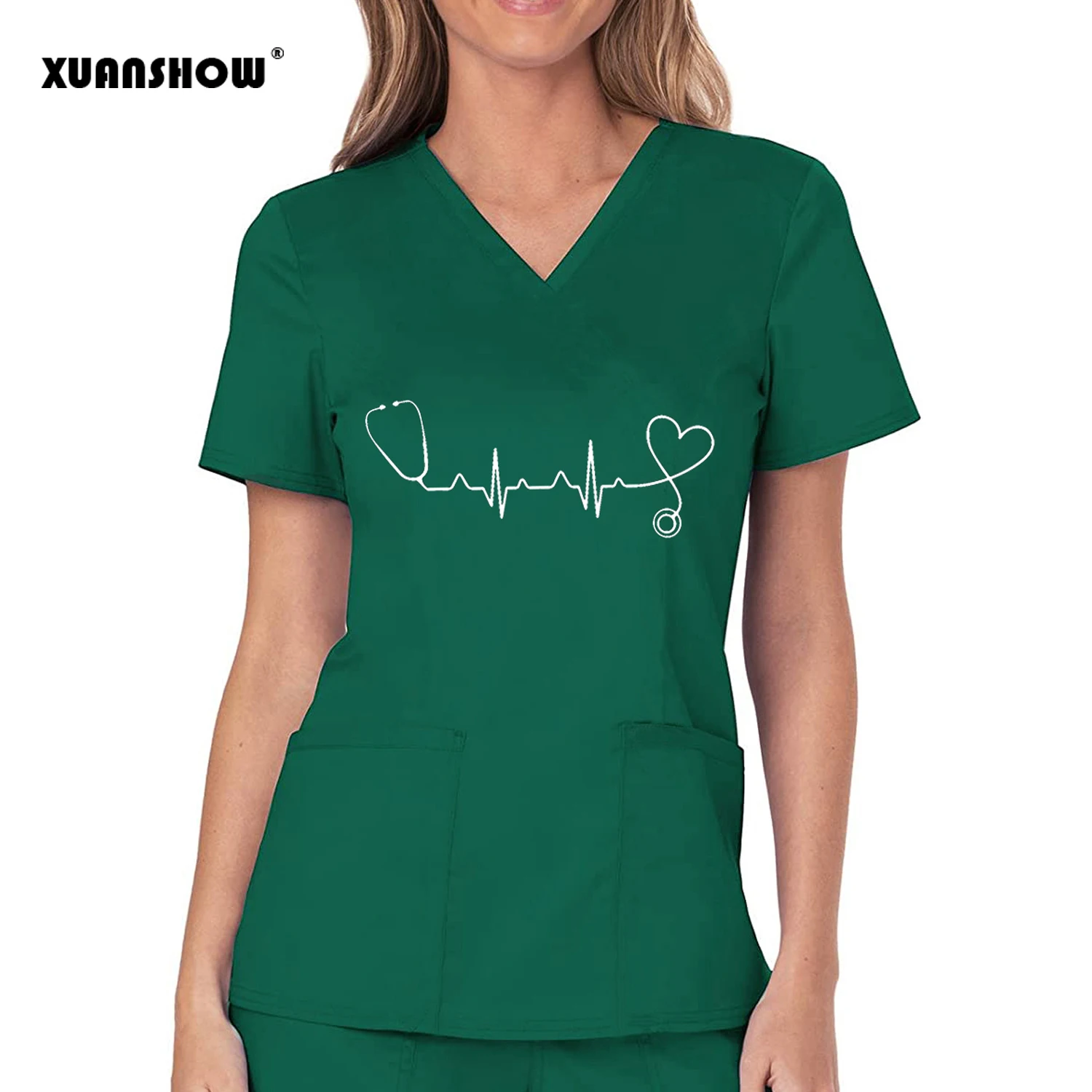 XUANSHOW 2022 New Arrival Nurses Style Love Graphics Print Shirt V-neck Large Pocket Short-sleeved T-shirt Women's