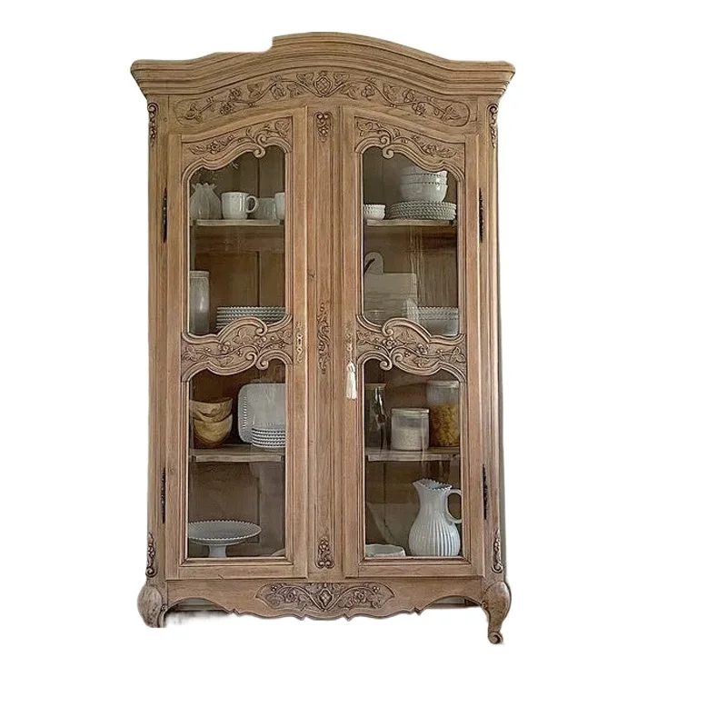 

French retro solid wood wine cabinet European living room old carved glass bookcase American light luxury dining side cabinet