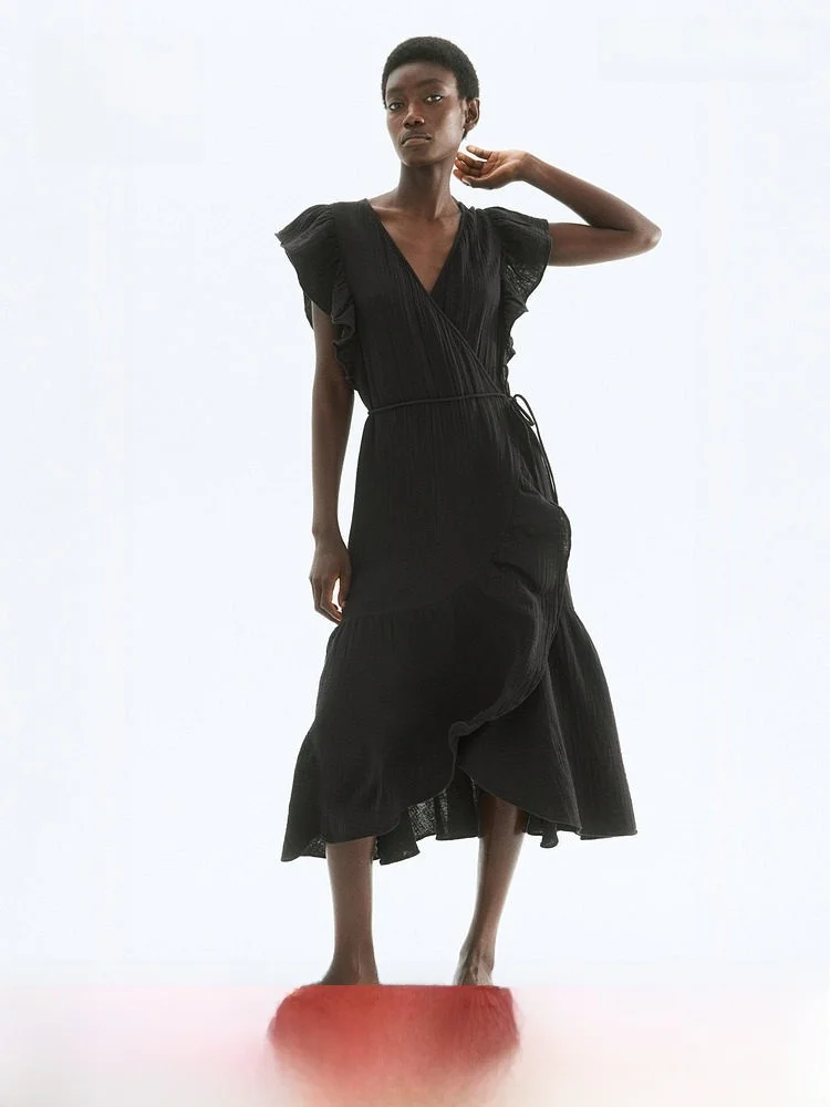 

H&M Women's Cotton Wrap Dr Commute New Sle Spring Leisure V-ne Midi Dr Floral Sve Casual Dr