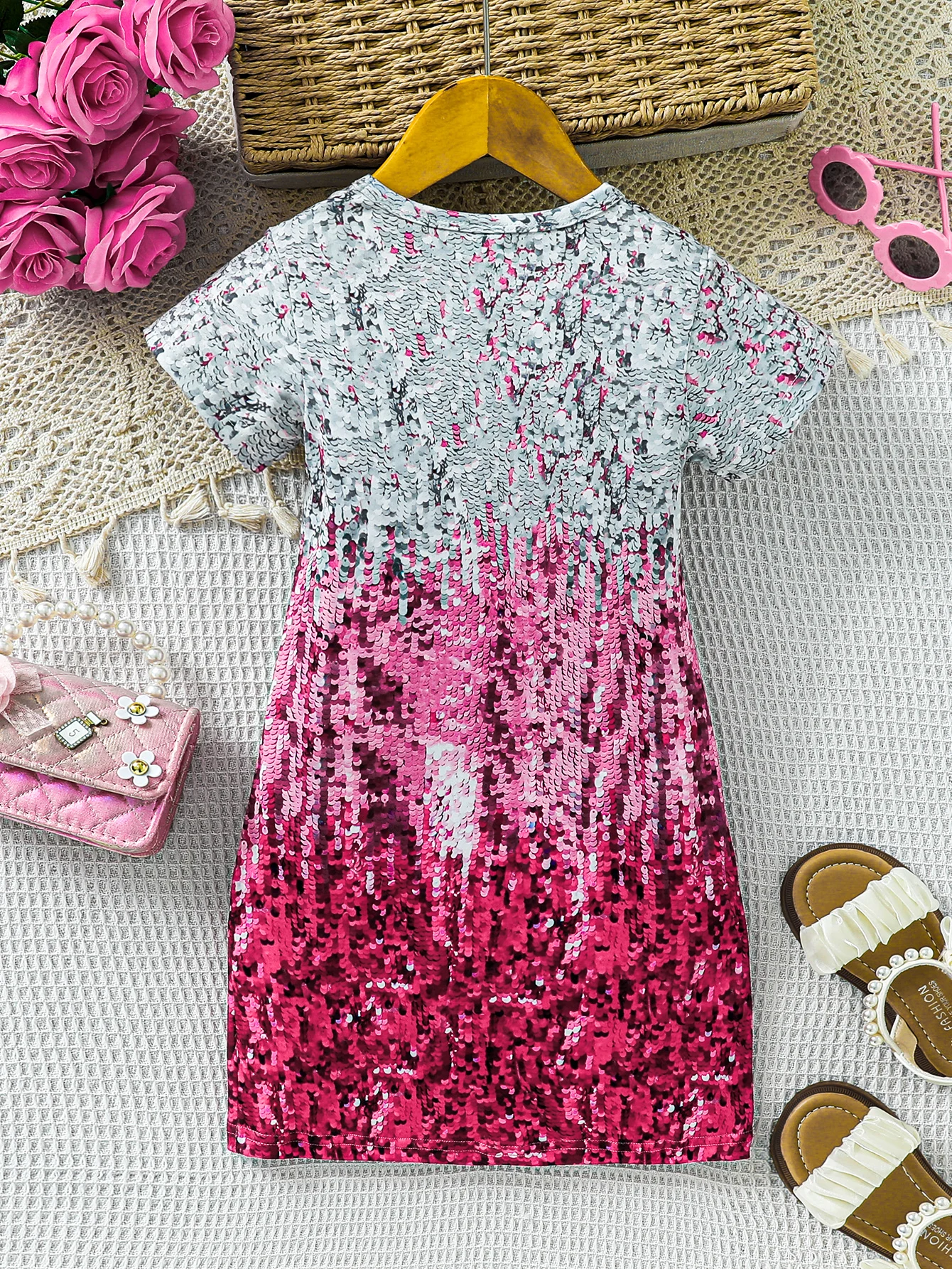 Girl\'s dress Summer girl skirt Cartoon unicorn print Imitation bead printing Short sleeved dress