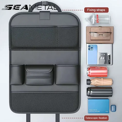 Imagen 2 del producto SEAMETAL-organizador de asiento trasero de coche, bolsa de almacenamiento para asiento trasero de coche con bandeja de mesa plegable, soporte para tableta, caja de pañuelos, accesorios para coche