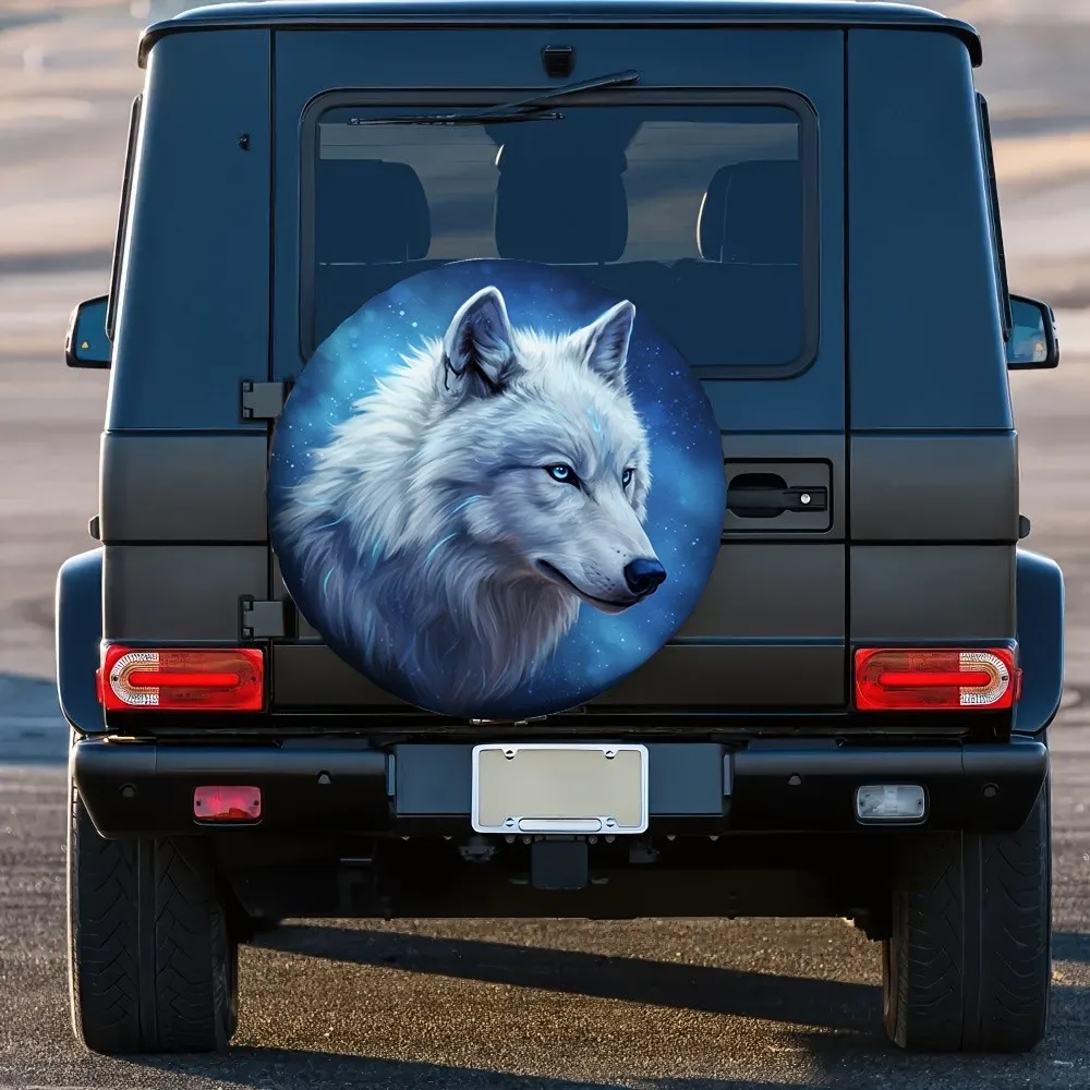 White Wolf Print Spare Tire Cover Universal Fit for SUV Truck Trailer Vehicle Decorative Wheel Protector