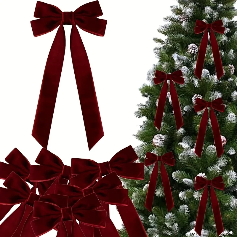 12pcs Red Velvet Christmas Tree Bows - Festive Ribbon Gift Bows for Holiday Wreaths, Decorations,and Rustic Crafts Glossy Finish
