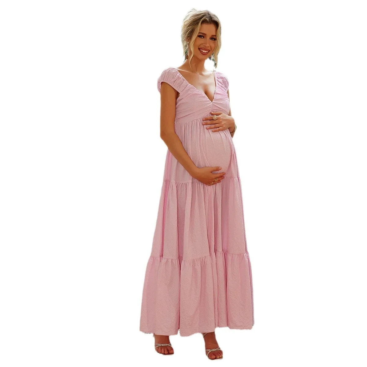 Spring and summer European and American V-neck sexy sleeveless solid color ruffle edge maternity dress 2025 new