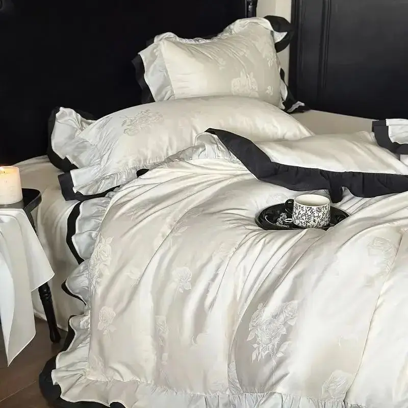 

Роскошный комплект постельного белья из египетского хлопка 1000TC с французскими оборками, черный край, розовый жаккардовый комплект постельного белья, пододеяльник, простыня, наволочка, 4 шт.