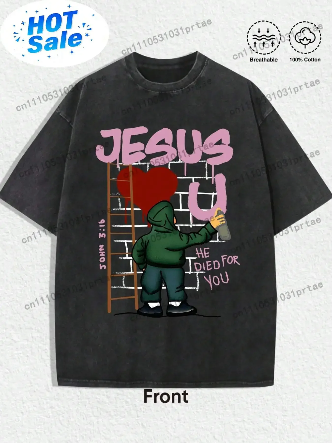 1 PCS Retro Distressed Aesthetics Front Cartoon Graffiti Artist Figure (Green Hoodie, Blue Pants, Spray Can, Ladder) + White Bri