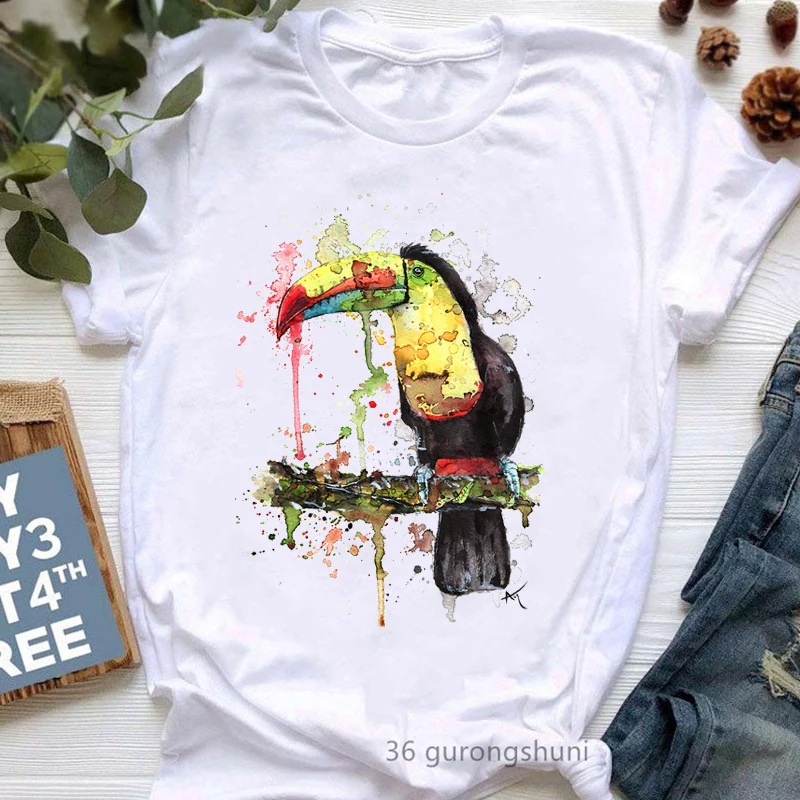 

Watercolor Toucan Portrait Print Tshirt Girls Harajuku Kawaii Clothes Funny White T Shirt Femme Summer Fashion Female T-Shirt