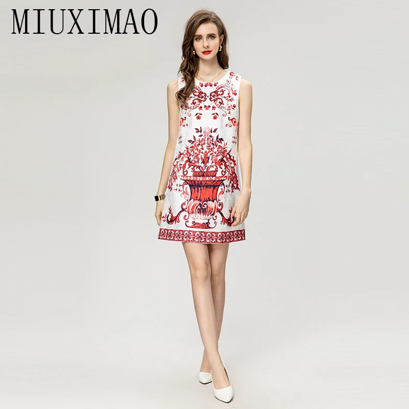 MIUXIMAO 2023 Fall Female Dress  Italian Sicilian style  Sleeveless  Red porcelain Print Diamond Fashion Slim Mini Dress Women