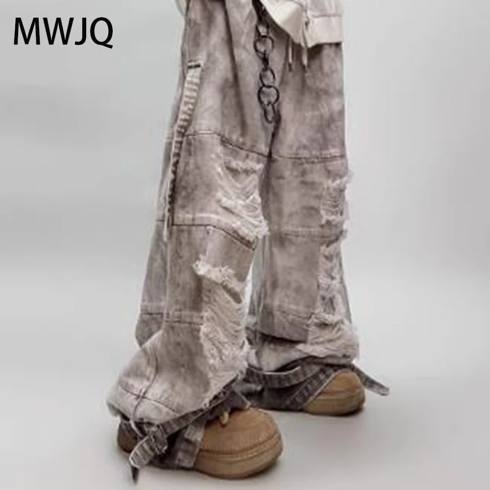 

MWJQ Amrican Hip Hop Fashion Washed Jeans Men's Vintage Wornout Mud Dye Streetwear Oversized Cargo Wide Leg Pants Tide 010227