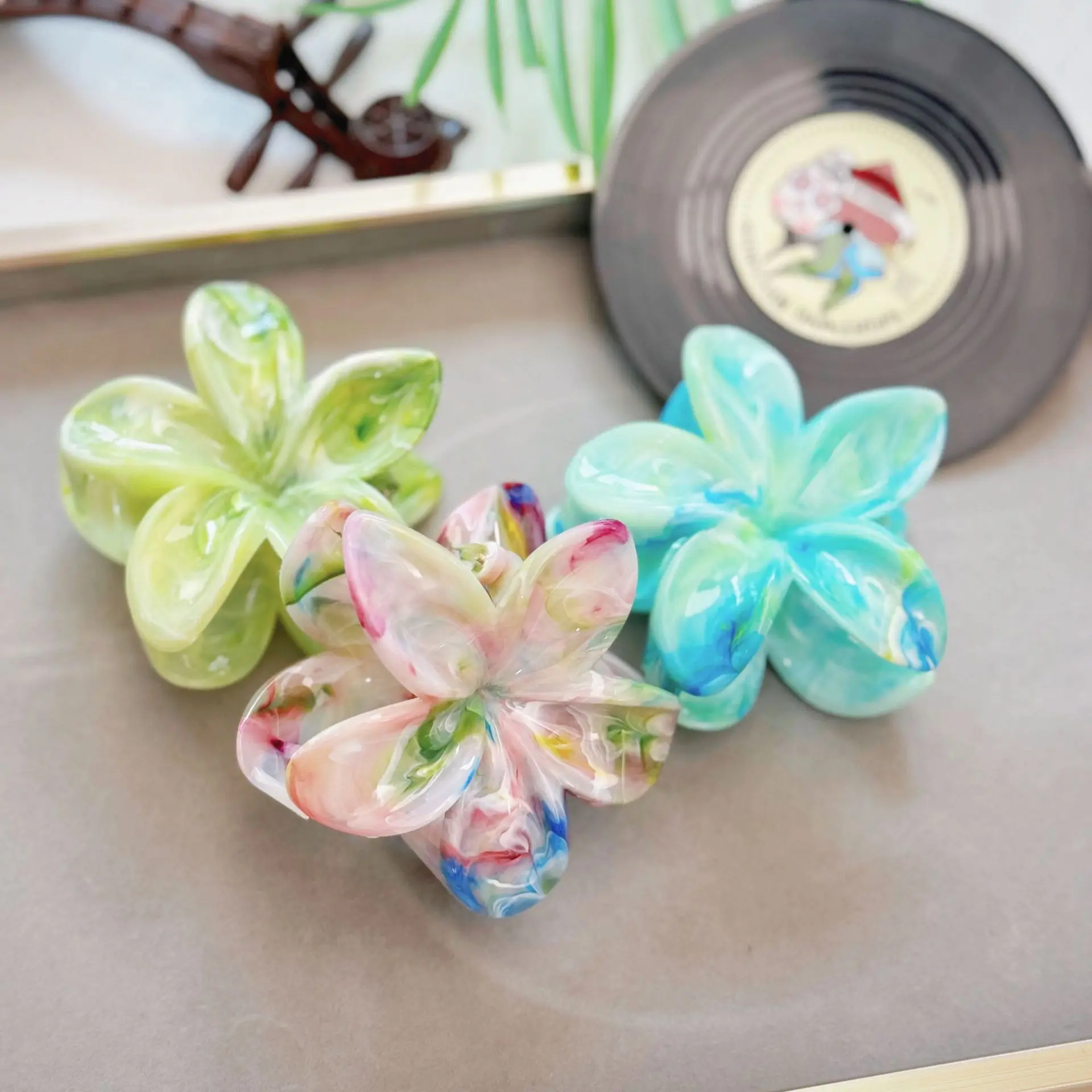 مشبك شعر على شكل زهرة الأكريليك للنساء، مشابك شعر ذات ملمس رخامي، دبوس شعر فتاة عصرية، إكسسوارات شعر كورية، أغطية رأس