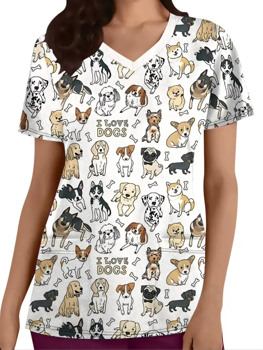 Cute Dog Pattern Surgical Uniforms Woman Dentistry Short Sleeve Tops Fashion V-Neck Nursing Comfortable Clinical Uniform Woman