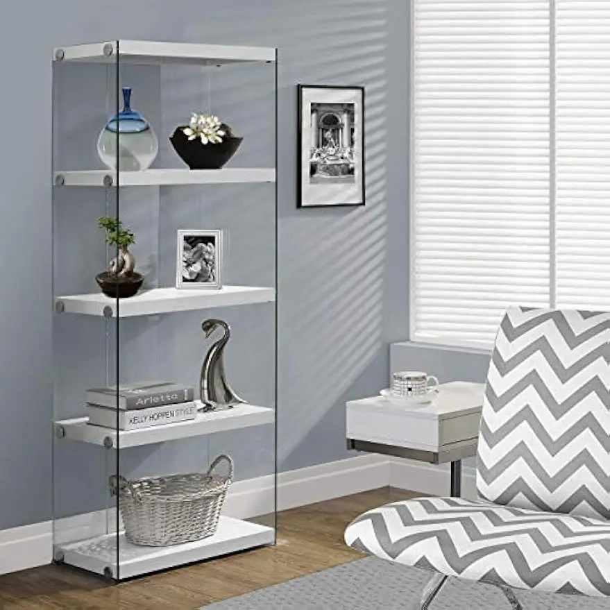 Monarch Specialties I Bookcase-5-Shelf Etagere Bookcase Contemporary Look with Tempered Glass Frame Bookshelf, 60