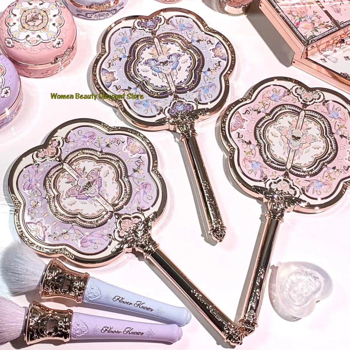 Flower Knows Butterfly Cloud Collar Collection floral Vintage Carved Handheld Vanity Mirror Makeup Mirror Hand Mirror Handle