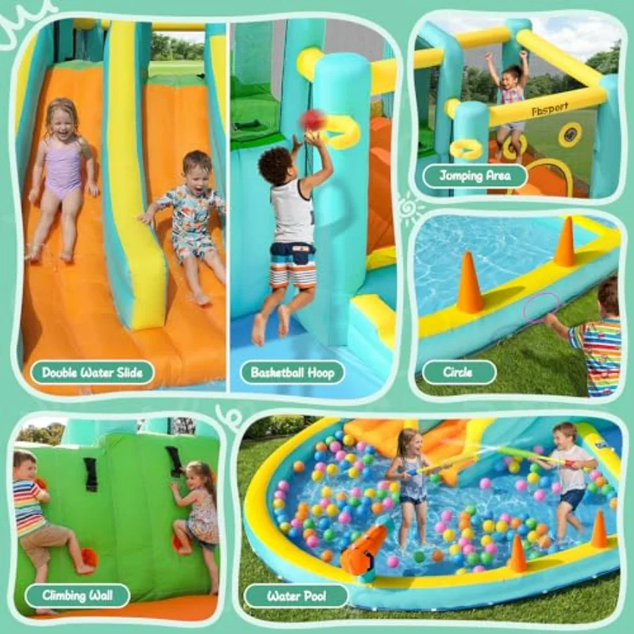 Inflatable Water Slide Bounce House for backyard use, PVC material, blue and yellow, dual slides with splash pool and water gun