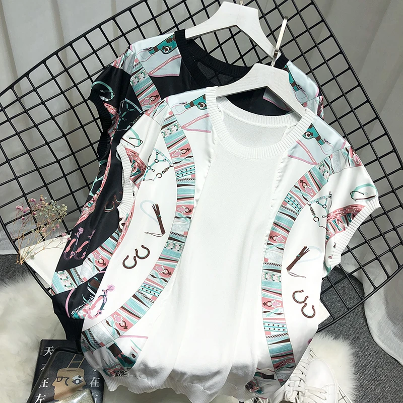 

vintage women knitted t-shirts summer short sleeve knitted tees lady loose patchwork print t-shirts femme pullovers tops