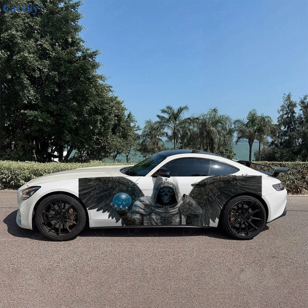 2pcs Black Feather Reaper Skull Car Side Wraps, Self-Adhesive PVC Waterproof & Scratch-Resistant Stickers, Car Accessory Gift