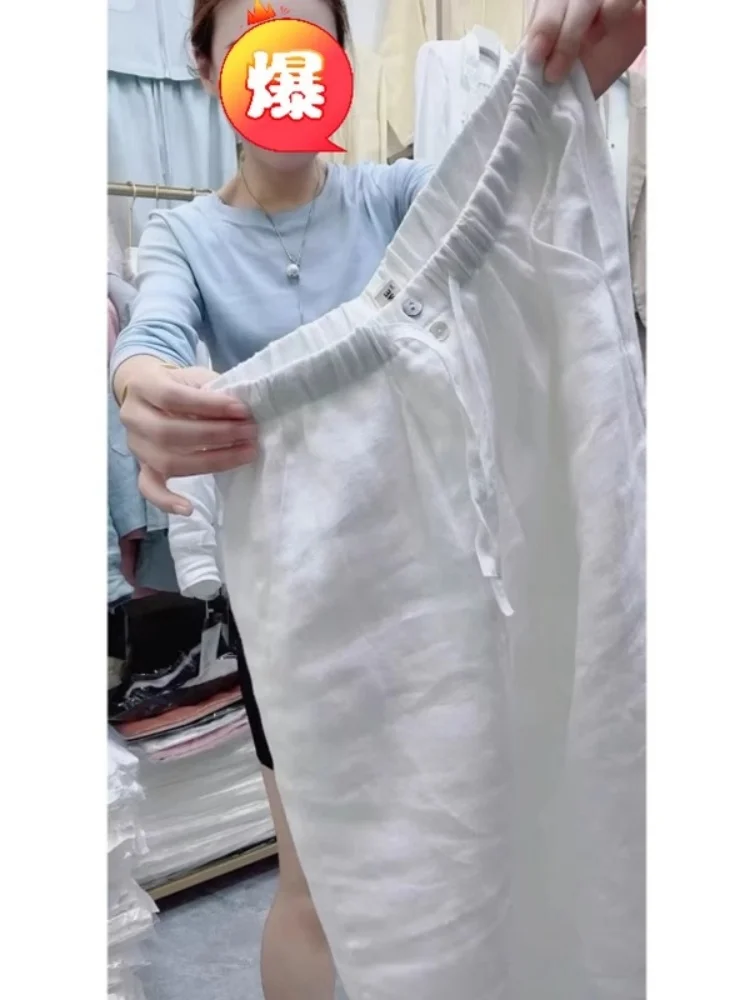 Weiße doppelt gebundene Leinen-Freizeithose für Damen, Sommer, dünn, große Größe, fett, MM, Anti-Aging, schlankmachend, lockere Hose mit weitem Bein