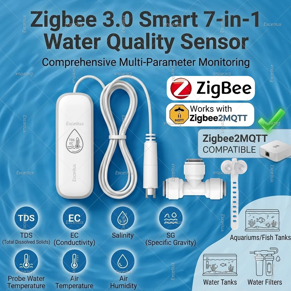Zigbee 3.0 Smart 7-in-1-Wasserqualitätssensor mit TDS/EC/SG/Sonde, Temperatur-/Salzgehalt-/Temperatur- und Feuchtigkeitssensor, nur für Zigbee2MQTT