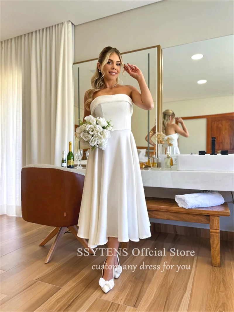 SSYTENS-Strapless cetim vestido de casamento para mulheres, vestidos de noiva sem mangas personalizados, comprimento do tornozelo, vestidos de noiva Midi