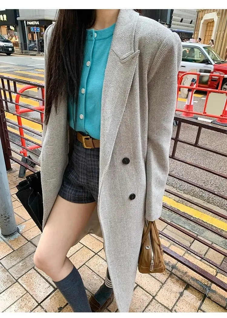 

Шерстяные пальто средней длины, женское пальто, двубортное зимнее твидовое пальто с цветной подкладкой, современный стиль, банкеты, художественные поездки на работу