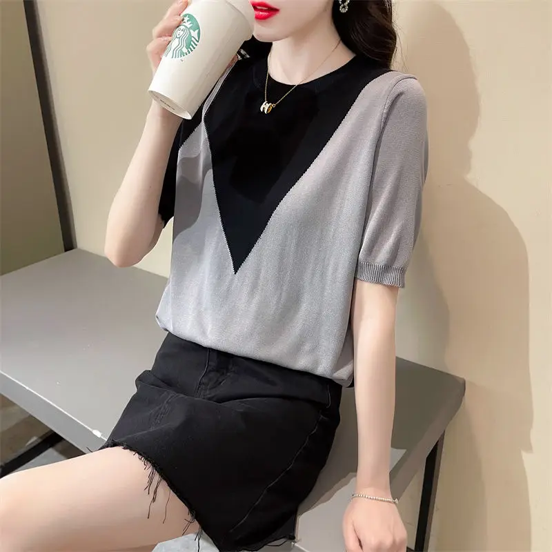 Temperament Color Matching Ice Silk Blouse Summer Short Sleeve O-collar Loose Office Korean All-match Lady Pullover Shirt