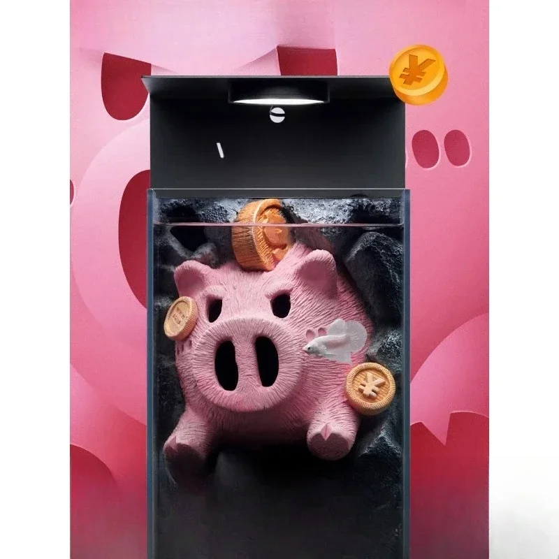 Lai Cai series piggy bank pig landscaping desktop decoration, ultra-white glass fish tank for micro-landscape betta