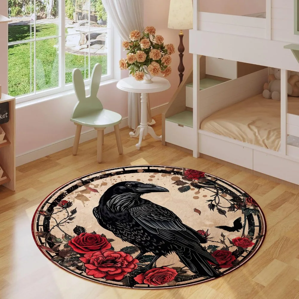 Gothic Black Crow Raven Red Rose Flower Vine Vintage Pattern Holiday Luxury Round Mat Elegant Area Rug Home Decor