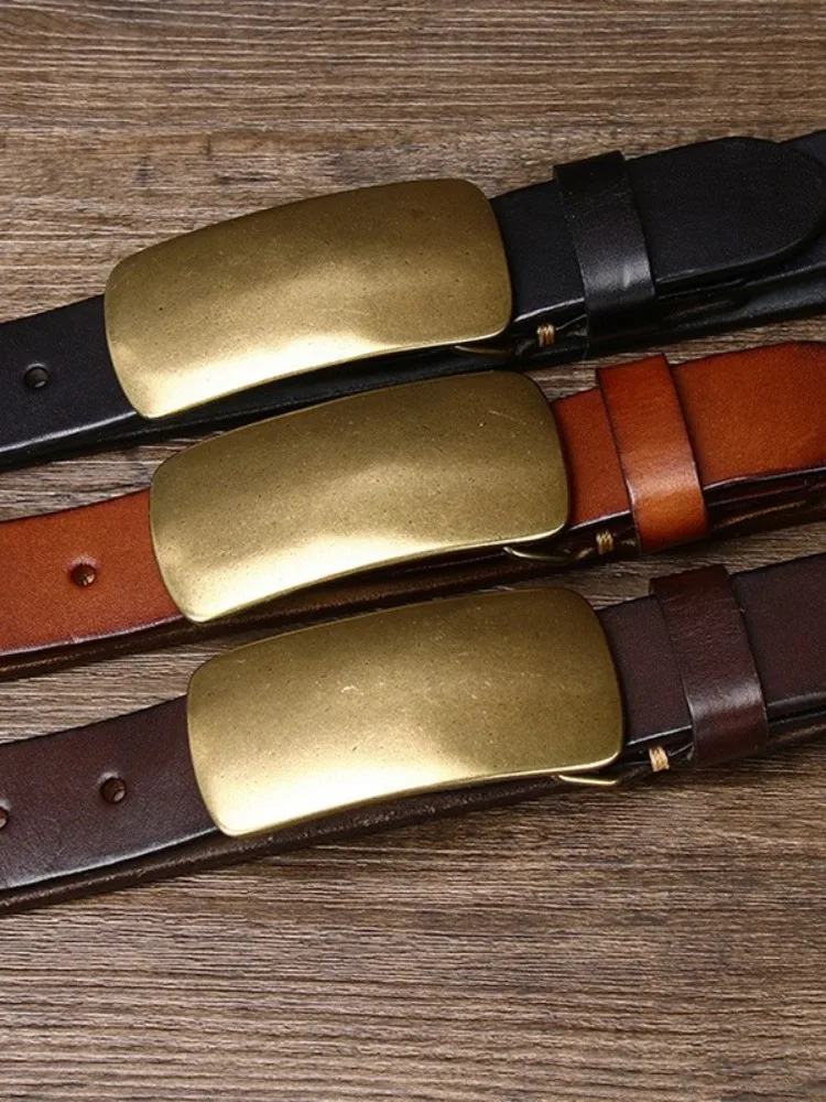 New Handmade Genuine Leather Waistband Male Vintage Solid Color Real Cowskin Smooth Copper Buckle Casual Mens Belt For Jeans