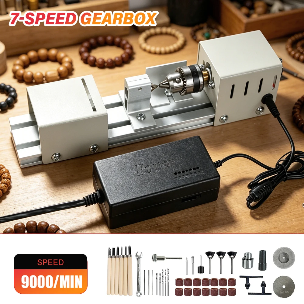 TUNGFULL Mini Lathe Machine 7‑Speed Gearbox Adjustable Speed Wood Bead Making Lathe Kit For DIY Woodworking Beads Polishing
