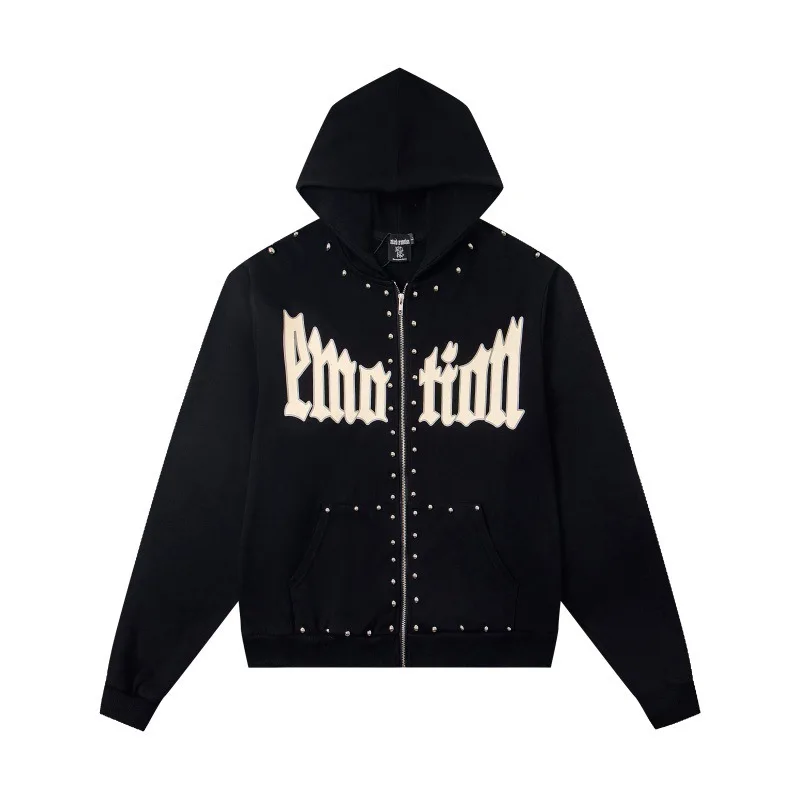 Mixed Emotion - Letterprint Beaded Design High Street Casual Men's and Women's Hooded Jacket