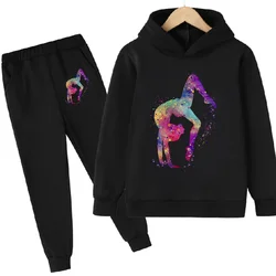 Watercolor Gymnastics Art Print Cute Sweatshirts Set Girls GYM Lover Birthday Gift Clothes Kids Hooodie Pants + Hoodie BLACK SET