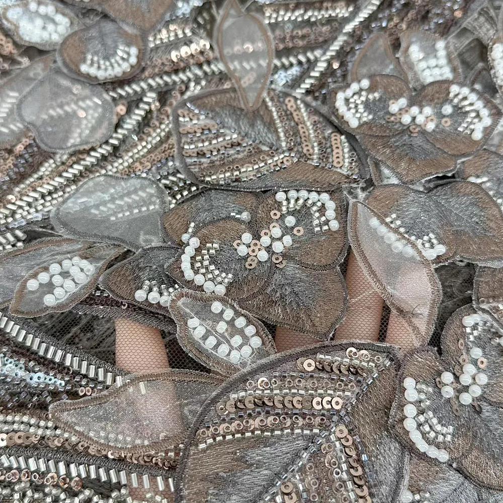 Africa 2025 Beaded 3D lace lace fabric sequined beaded high quality Helian bridal tulle embroidered wedding party dress sewn