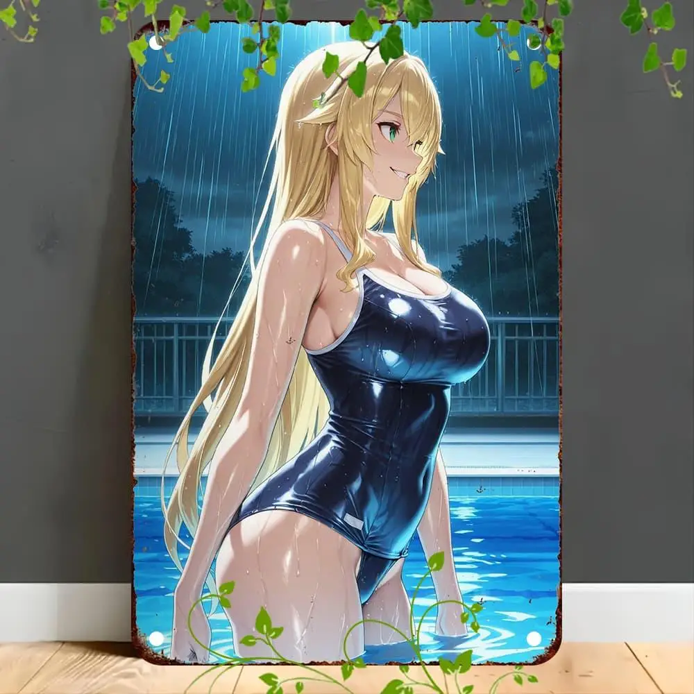 

Vintage Anime-Style Metal Tin Sign - 8x12 Inch Blonde in Swimsuit, High-Quality Wall Art for Home Decor, Perfect Gift for All