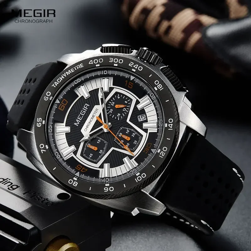 Megir Men's Army Sports Chronograph Quartz Watches Silicone Band 24 Hours Military Waterproof Wristwatch for Man 2056GS-BK-1