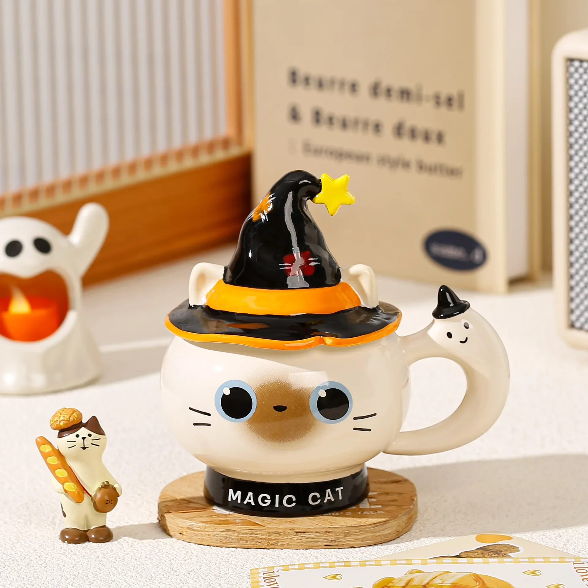 Cute Magic Hat Cat Ceramic Mug with Lid, Cartoon Coffee Cup for Women, Exquisite Home Office Gift
