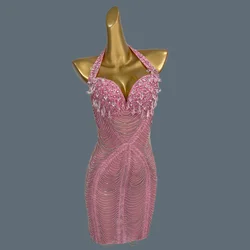 Vestido Sexy de malla rosa transparente con cristales brillantes, vestido elegante de gama alta para fiesta de cumpleaños, vestido para cena y evento de espectáculo de cantante Xingzhi