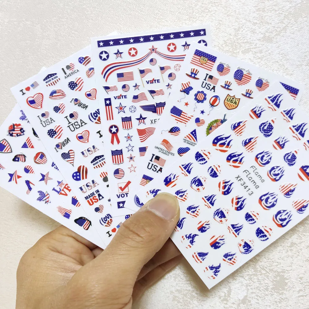 

3D American Flag USA National Day Nail Art Sticker Military Heart Manicure Decoration Independence Day Element Decal Nail Slider