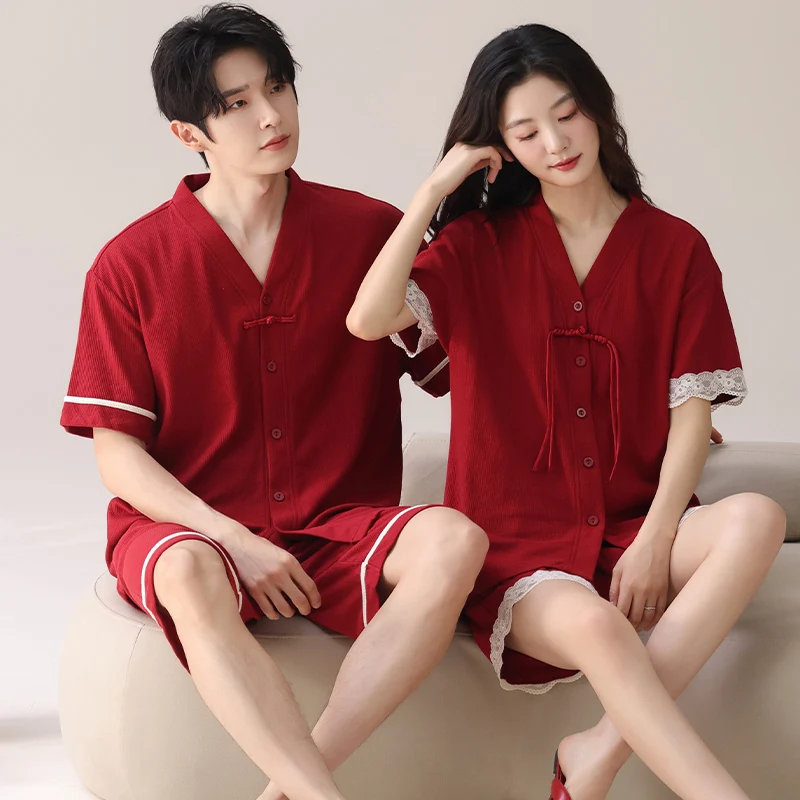 Pyjamas For Couples Summer Festive Red Color Comfortable Lady's Short Sleeve Shorts Cotton Leisure Home Clothes Nightwear Suit