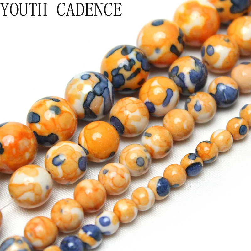 Pierre de jaspe de pluie naturelle bleu Orange blanc, perles rondes d'espacement amples pour la fabrication de bijoux, Bracelet 4/6/8/10/12mm 15''