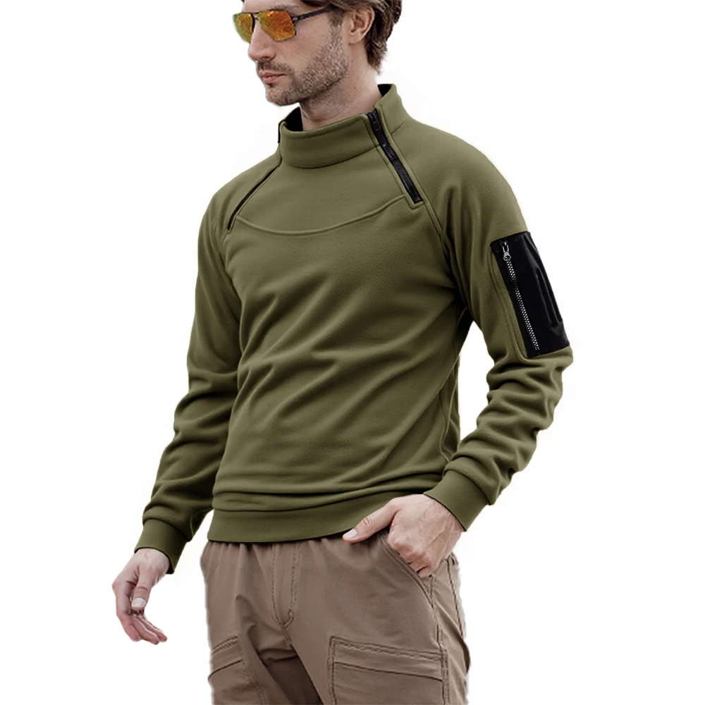 Sweat-shirt chaud et épais pour hommes, polaire d'extérieur, respirant, tactique, fermeture éclair, col debout, manches longues, décontracté, couleur unie, hiver