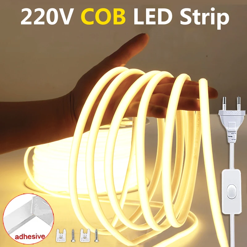 

Super Bright 220V LED Strip with ON-OFF Switch COB LED Tape Ribbon EU Plug Adhesive Lights For Kitchen Room Outdoor Lighting