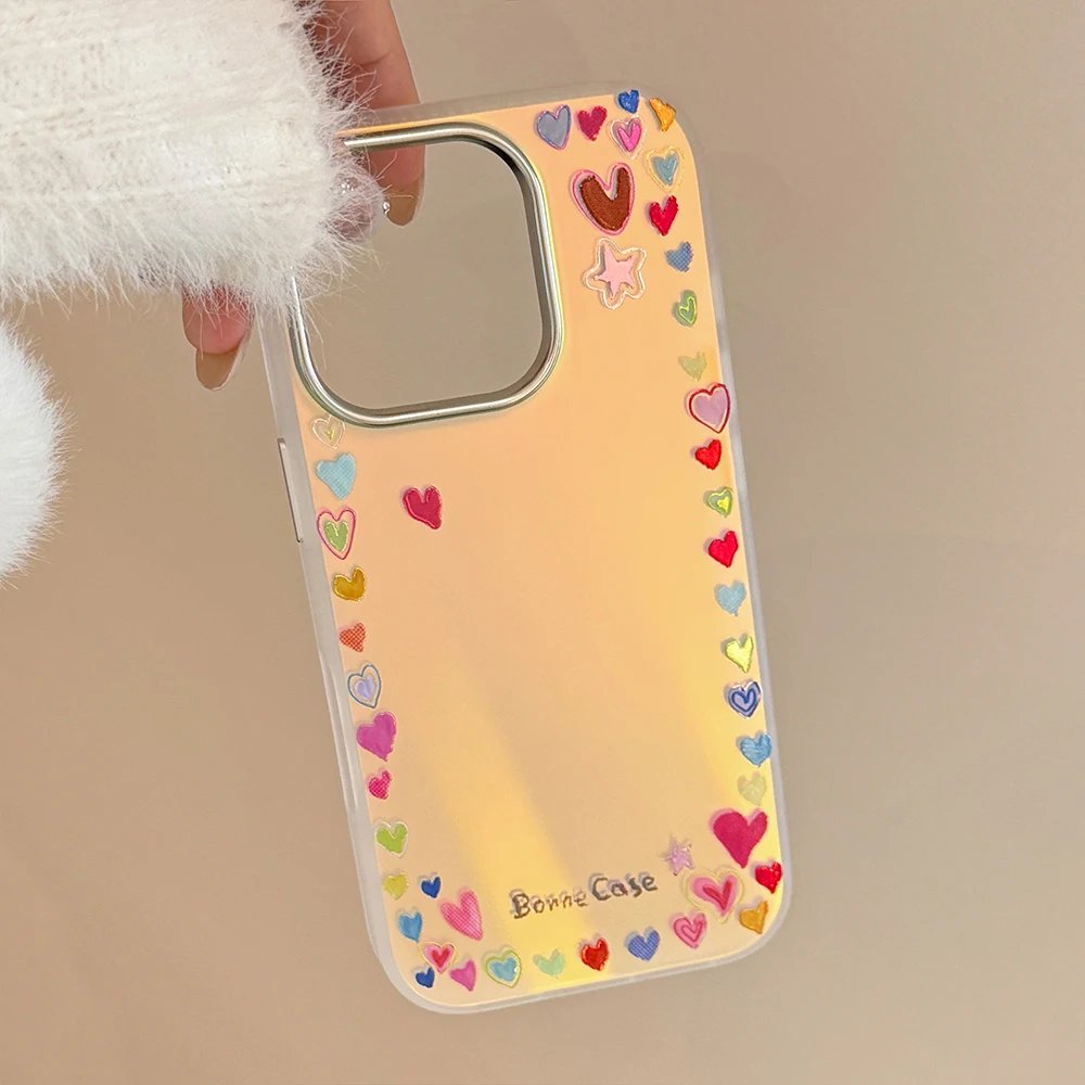 

Gilding Laser Cute Heart Lovely Love Phone Case for IPhone 13 15 14 16 17 Pro Max Shockproof Frame Plating Soft Back Cover Case