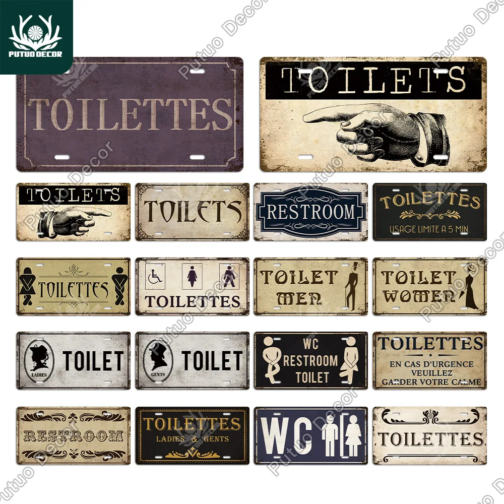 

Putuo Decor Restroom Metal Sign Plaque Metal Vintage License Plate for Bar Club Toilet Bathroom Restroom Toilettes Door Decor