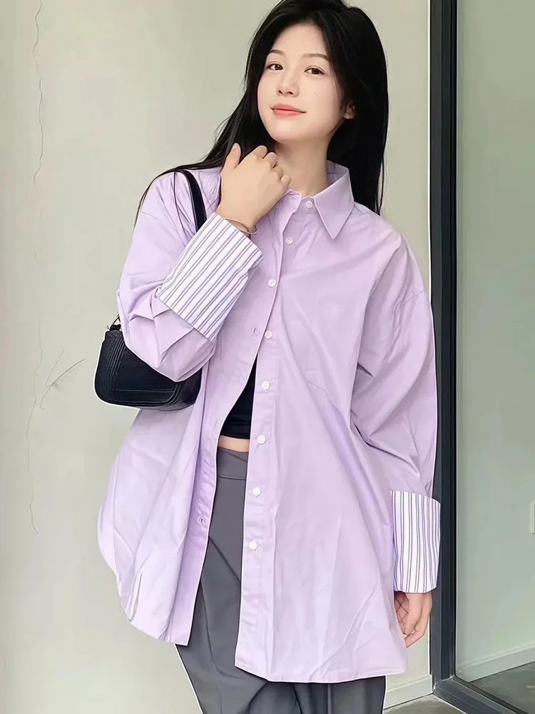 Elegante camisa roxa feminina manga longa vintage doce blusa coreano casual listrado retalhos feminino todos os jogos primavera outono topos