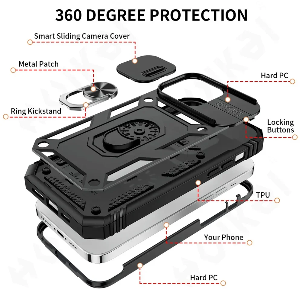 Case for IPhone 16 15 14 13 12 11 Pro Max Max X XS SE Case Heavy Duty with Camera 360 Degree Rotate Kickstand Shockproof Cover