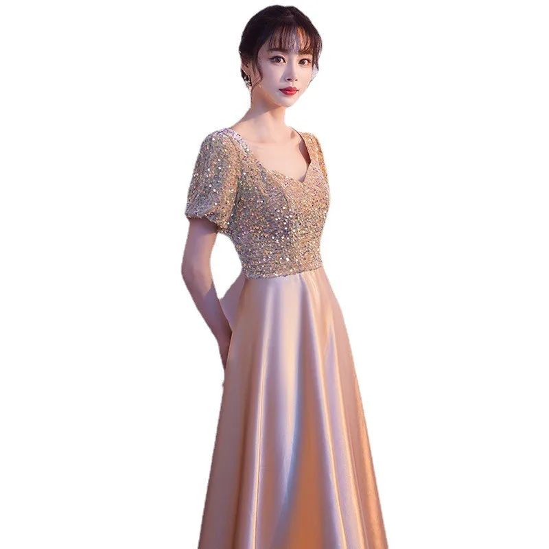 2025 novo verão novo feminino de alta qualidade luxo champanhe brilho com decote em v banquete presidente vestido noite moda anfitrião vestido